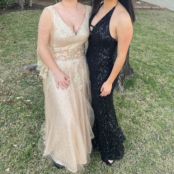 Val Stefani V-Cut Tulle Overlay Sleeve Sequin Bead Lace Embellished Gown Dress - Picture 8 of 17